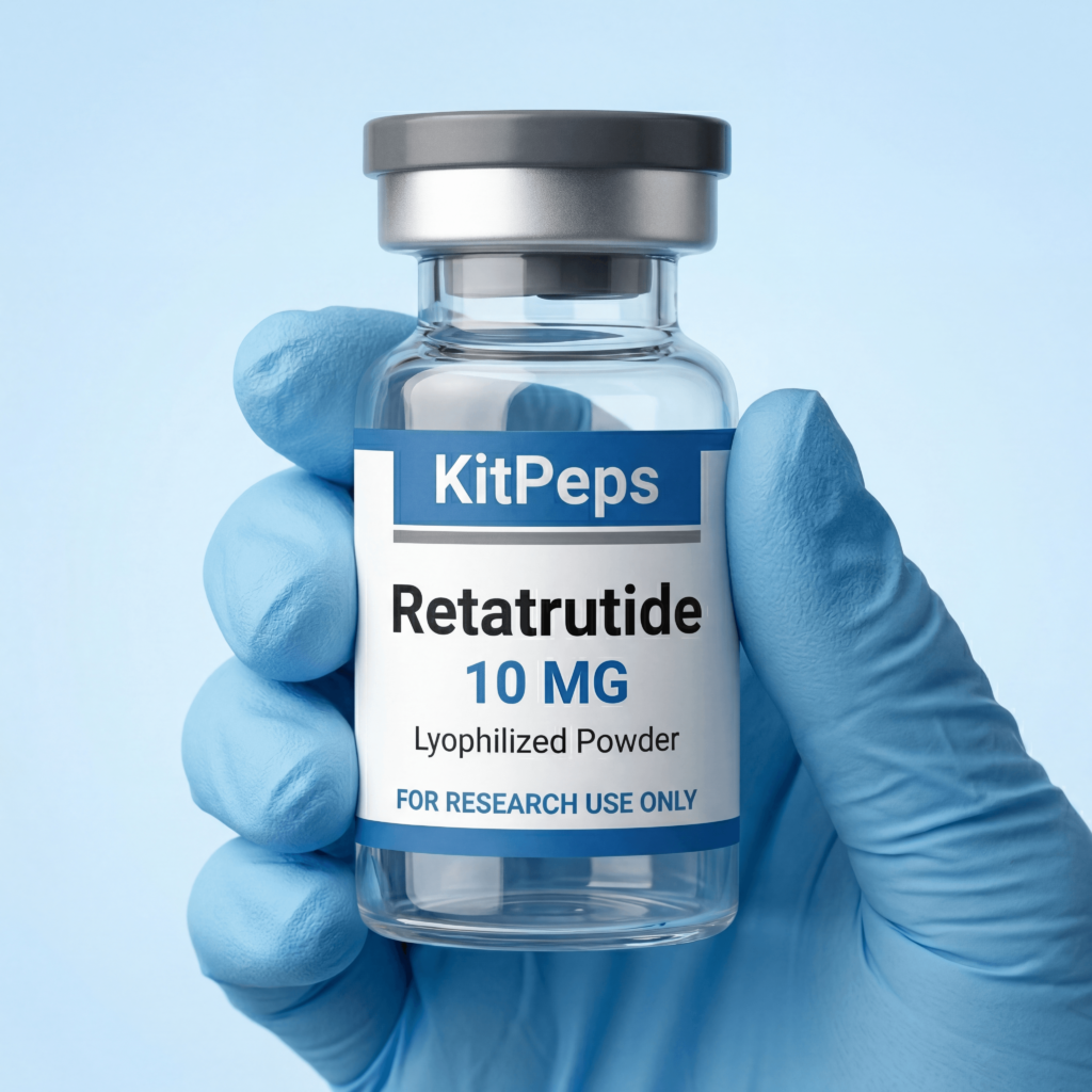 KitPeps research vial held in laboratory glove